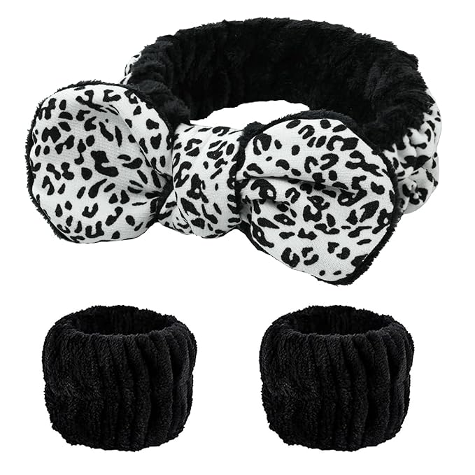 Fmeida Spa Headband and Wrist Bands for Washing Face - Soft Headbands for Women's Hair, Skin Care Facial Hairband, White Leopard, 3-Pack