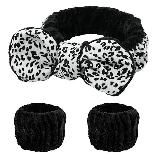 Fmeida Spa Headband and Wrist Bands for Washing Face - Soft Headbands for Women's Hair, Skin Care Facial Hairband, White Leopard, 3-Pack