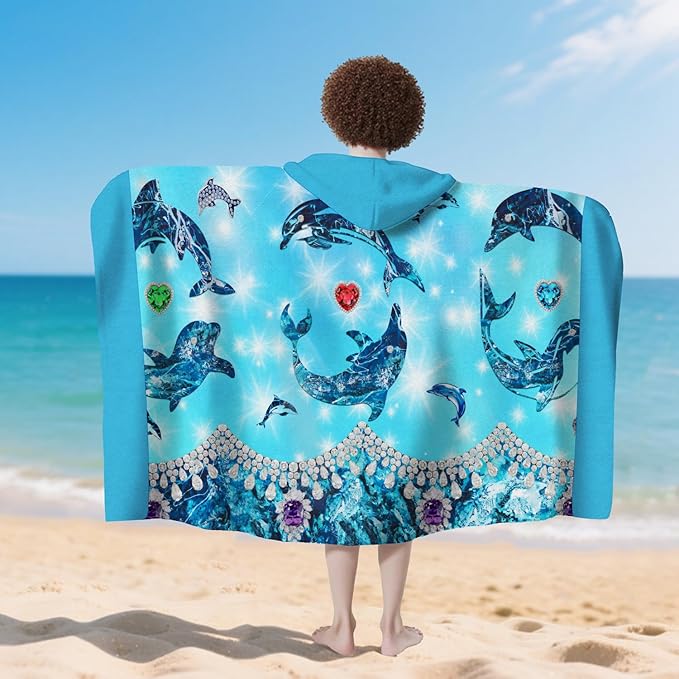 Dolphin Hooded Beach Towel for Girls, 35" x 60" Glittering Ocean Design Kids Poncho Bath Towel for Toddler, Light Blue Soft Absorbent with Hood for 3-10 Years Bathrobe for Swimming Pool Bath