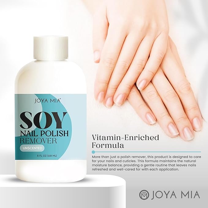 JOYA MIA Soy Nail Polish Remover - Acetone-Free w/Hydrating Ingredients, Nourishing Soy-Based Nail Care, Vegan, Gentle on Cuticles, Great for Quick & Clean Removal, Easy Application - Unscented, 4oz