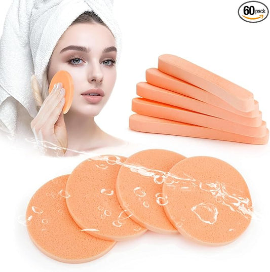 Compressed Facial Sponge,Reusable Makeup Blender 60 Count,Soft Round Wash Sponges for Estheticians Makeup Removal,Face Cleansing Exfoliating Compress Spa Pads for Women,Orange