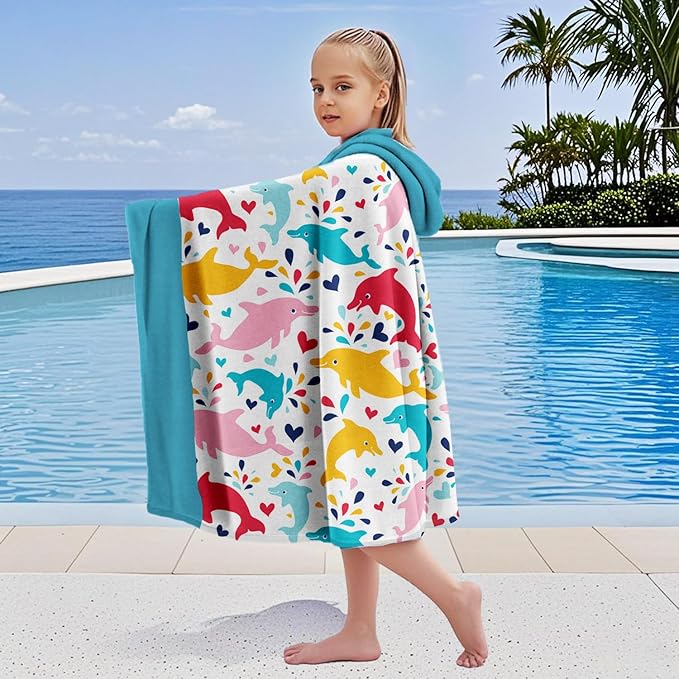 Dolphin Hooded Beach Towel for Boy, 35" x 60" Water Droplets Kids Poncho Bath Towel for Toddler, White & Light Blue Soft Absorbent with Hood for 3-10 Years Bathrobe for Swimming Pool Bath