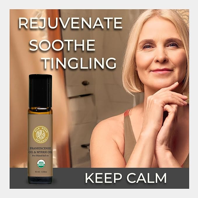 Silk Road Organic Frankincense Oil & Myrrh Essential Oil Roll On, 100% Pure USDA Certified Aromatherapy for Body Aches, Stiffness & Tingling, Stress Relief, & Skin - 10 ml Roller