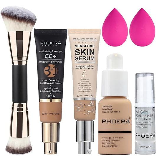 PHOERA Foundation, PHOERA Contour Palette,Shades with Highlighter & Bronzer & Blush,PHOERA Makeup Lightweight Long Lasting Wrinkles Matte Natural Finish (104+140CC+N03/ Buff Beige)