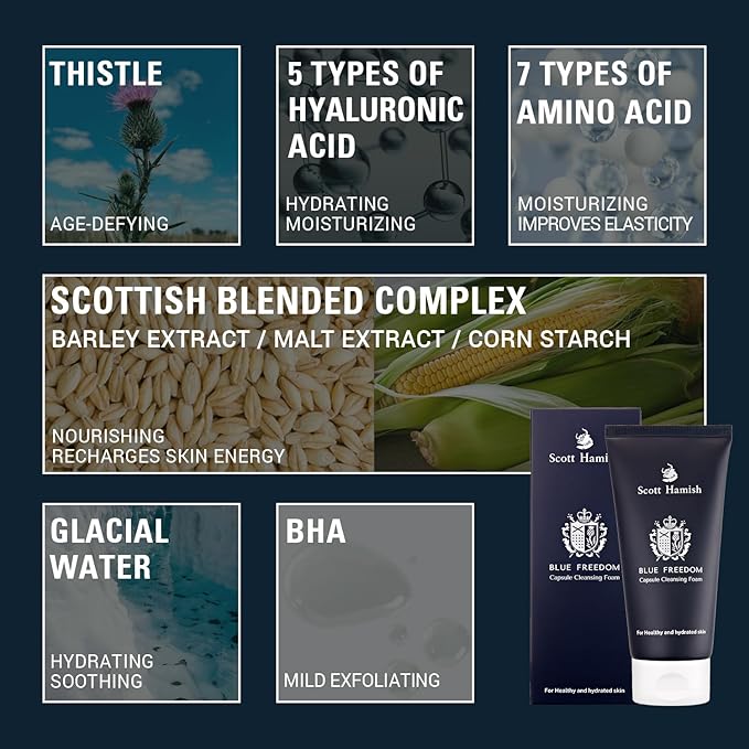 Scott Hamish Blue Freedom Capsule Cleansing Foam - Exfoliating Face Scrub & Gentle Face Cleanser for Men - Moisturizing Wash with Cica for Pore Tightening, Restoring Vitality, 5.07 fl.oz.