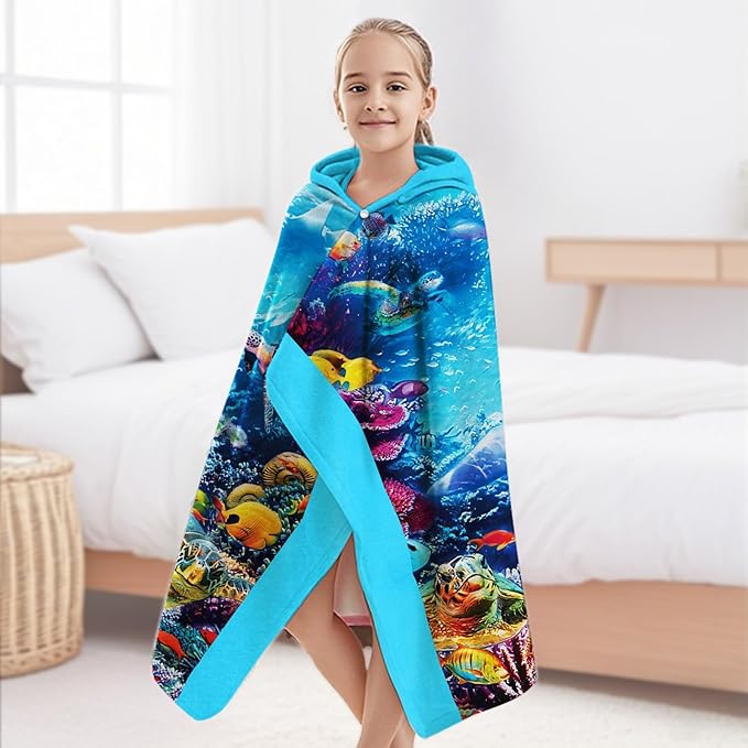 Dolphin Hooded Beach Towel for Boy, 35" x 60" Turtles & Coral Kids Poncho Bath Towel for Toddler, Bright Blue Soft Absorbent with Hood for 3-10 Years Bathrobe for Swimming Pool Bath