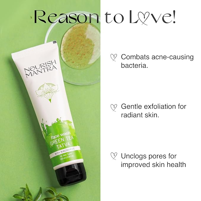Nourish Mantra Green Tea Tatva Face Wash | With Green Tea, Walnut Powder & Niacinamide| For All Skin Types | 2-in-1 Exfoliator & Face Cleanser | Paraben & SLSSLES Free - 100 ml