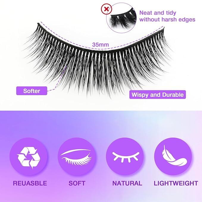 Wispy False Eyelashes Kit With Bond, Seal and Tweezer, 7 Pairs Natural Look Fake Cat Eye Lashes Strips Thin Band Extensions Waterproof Easy Eyelashes for Beginners RQ11