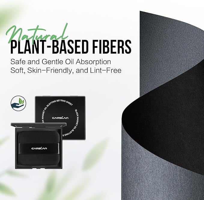 CARSLAN Makeup Blotting Paper with Powder, Black Magnet Blotting Sheets for Oily & Combination Skin, Portable Compact with Puff & Mirror, Keeps Makeup Fresh All Day, 450 Sheets + 8 Refill Pads