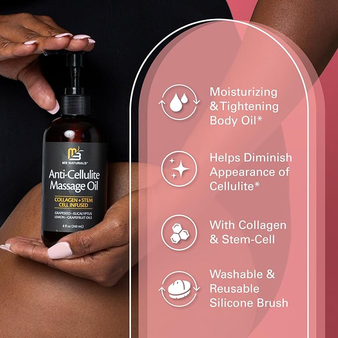 M3 Naturals Anti Cellulite Massage Oil and Silicone Body Brush – Collagen and Stem Cell Skin Tightening Formula for Smoothing and Firming – 8 Fl Oz