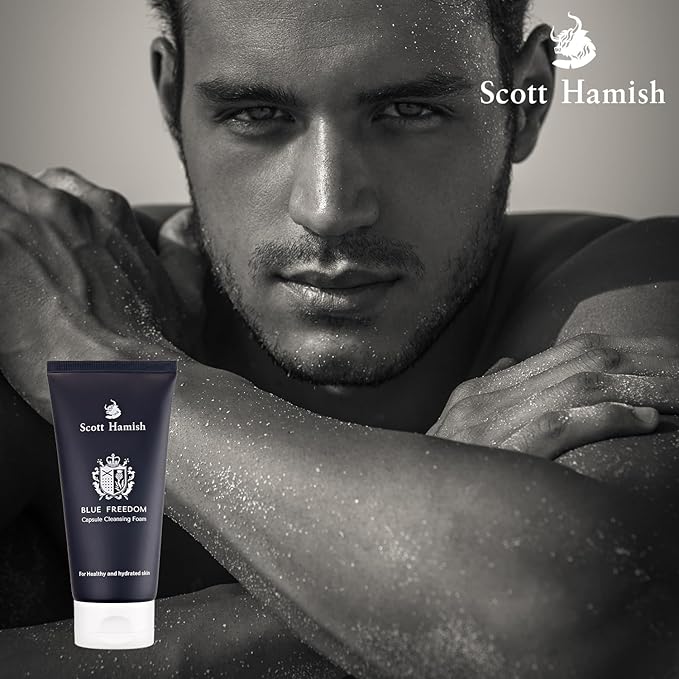 Scott Hamish Blue Freedom Capsule Cleansing Foam - Exfoliating Face Scrub & Gentle Face Cleanser for Men - Moisturizing Wash with Cica for Pore Tightening, Restoring Vitality, 5.07 fl.oz.