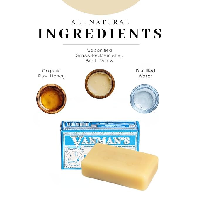VanMan Beef Tallow and Honey Bar Soap – Pure Grass-Fed Beef Tallow for Skin with Raw Honey & Distilled Water, Unscented Soap, Hydrating & Nourishing, Clean Ingredients, 3.8oz - 1 Pack