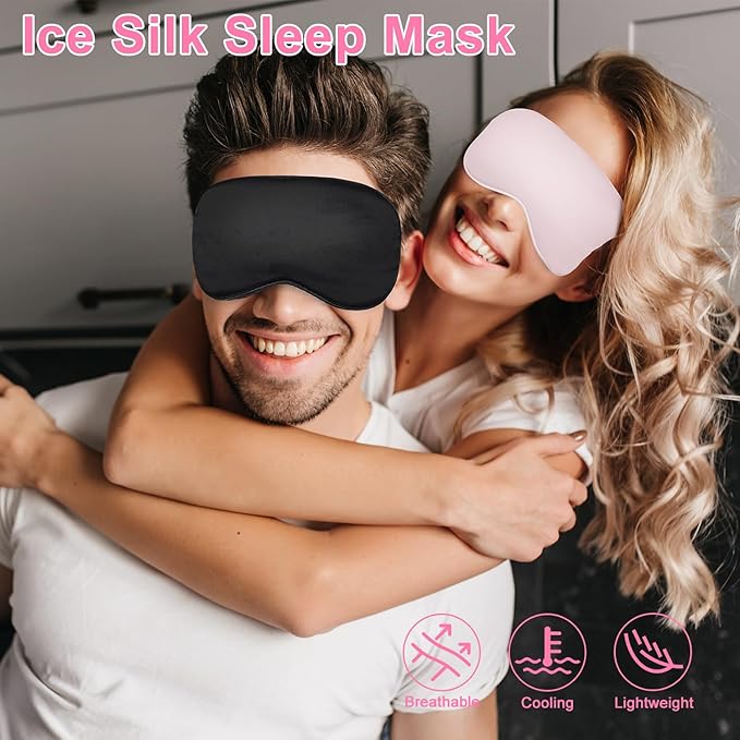 Sleep mask w/Cooling Gel Eye Mask, 2Packs Heated Eye Mask for Sleeping, Reusable Ice Silk Blackout Eye Cover Sleeping Mask for Travel, Home, Office, Yoga, Stocking Stuffers (Black+Pink)