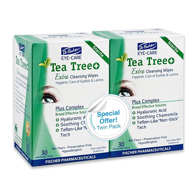 Dr. Fischer Tea Tree Oil Eye Wipes - Eyelid Wipes for Sensitive Eyes with Hyaluronic Acid and Chamomile, Makeup Remover, Daily Cleanser (60 wipes)