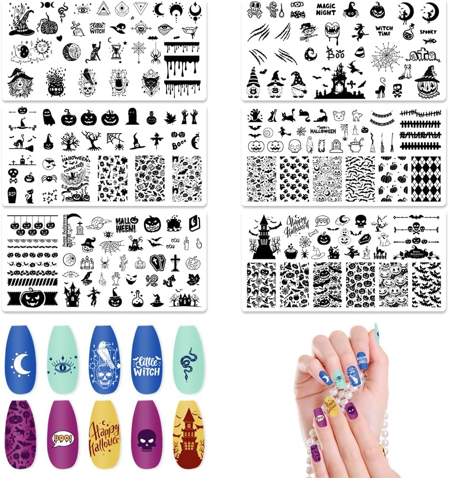 ALIBBON 6 Pcs Halloween Nail Stamping Plates Set, Ghost Pumpkin Background Nail Art Stamp Templates, Cat Spider Web Stamp Templates Kit, Castle Grave Metal Nail Plates for DIY Printing Decor