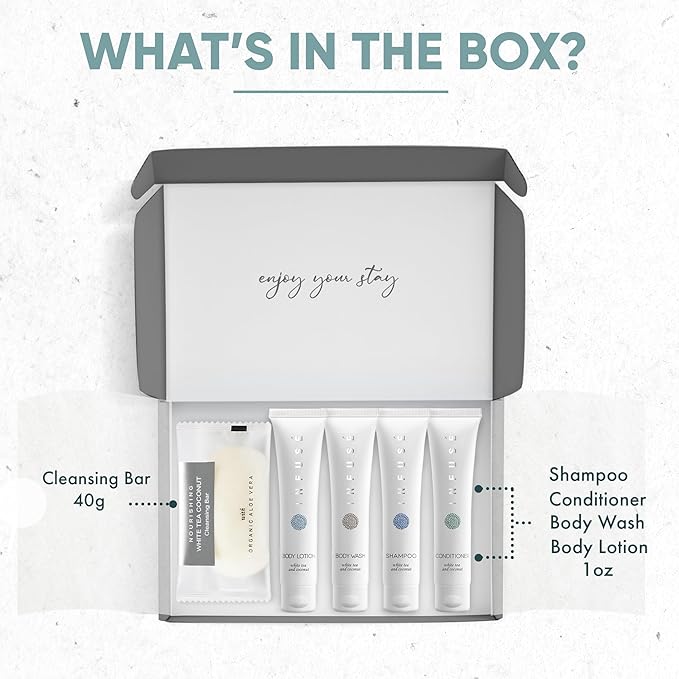 Infuse Amenity Kit | Hotel Bulk Toiletries | 1 oz Shampoo, Conditioner, Lotion, Body Wash, Cleansing Bar Soap for Guest Hospitality Vacation Rentals | 1 Set/Case