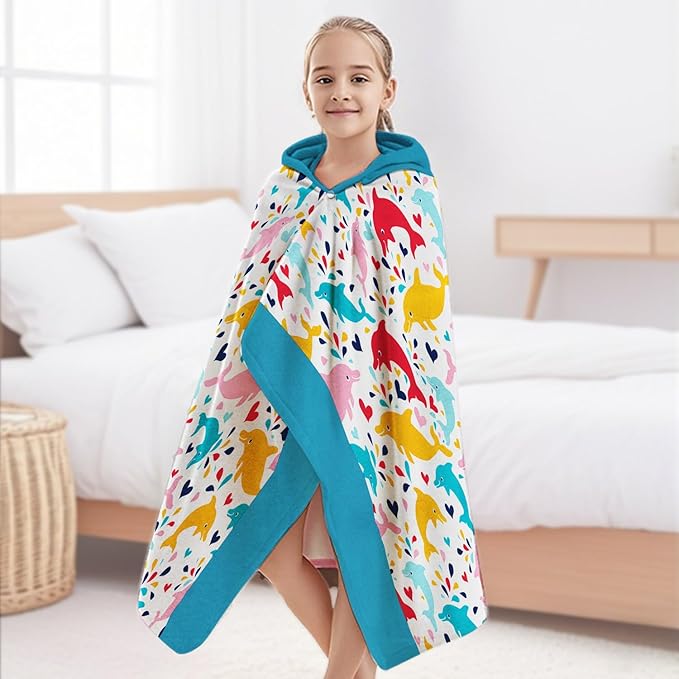 Dolphin Hooded Beach Towel for Boy, 35" x 60" Water Droplets Kids Poncho Bath Towel for Toddler, White & Light Blue Soft Absorbent with Hood for 3-10 Years Bathrobe for Swimming Pool Bath