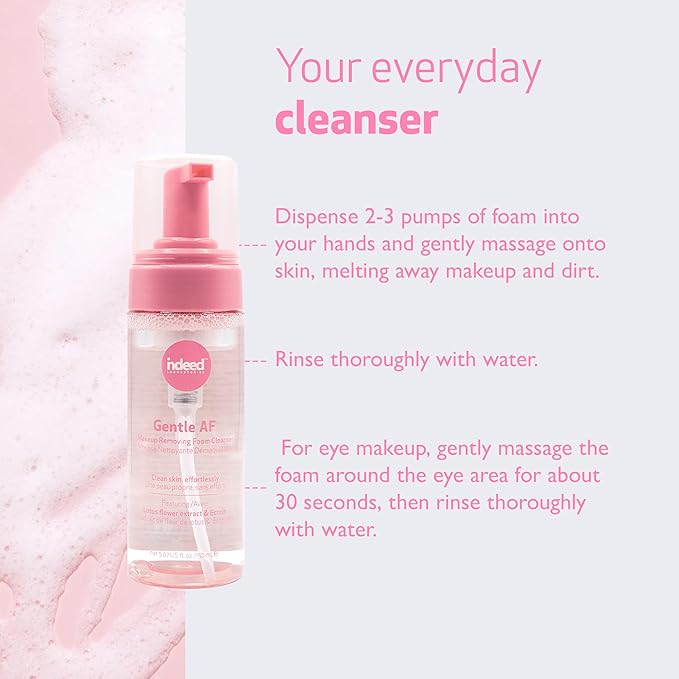 INDEED Labs Gentle AF Makeup Removing Foam Cleanser | Double Cleansing Formula Removes Makeup, Sebum, & Dirt | with Soothing Lotus Extract & Ectoin | Facial Cleanser for Sensitive Skin, (150 mL)