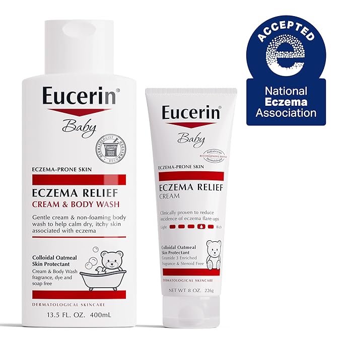 Eucerin Baby Eczema Relief Cream and Body Wash (13.5 Fl Oz) + Baby Eczema Cream (8 Oz), Fragrance Free Skin Care Set with Colloidal Oatmeal (Skin Protectant)