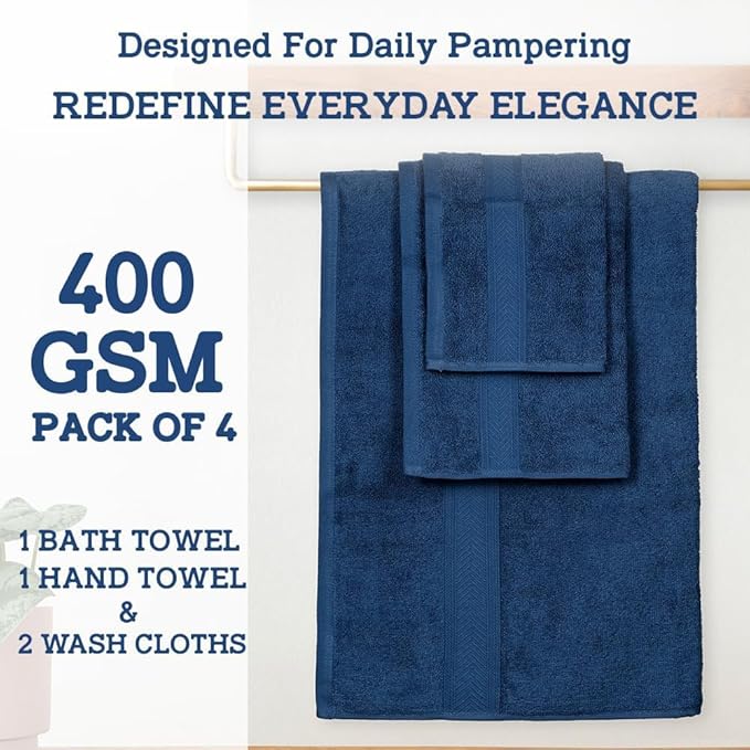 Casa Lino 100% Cotton Bath Towels Set of 4 (1 Bath Towel, 1 Hand Towel & 2 Wash Cloths) - Bathroom Towels and Washcloths Set - Complete Bathroom Set - Guest Room Essentials - (Cobalt Blue)