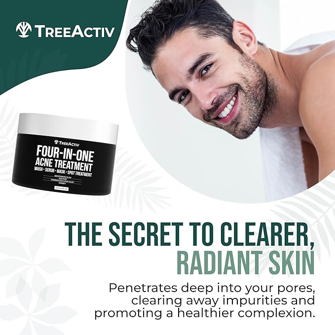 TreeActiv Four-in-One Acne Treatment | Wash, Scrub, Mask, and Spot Treatment | Heals Rosacea | Exfoliating Sugar | Face or Body | Natural Sulfur Clear Skin Cleanser | Bentonite (4 Ounce)