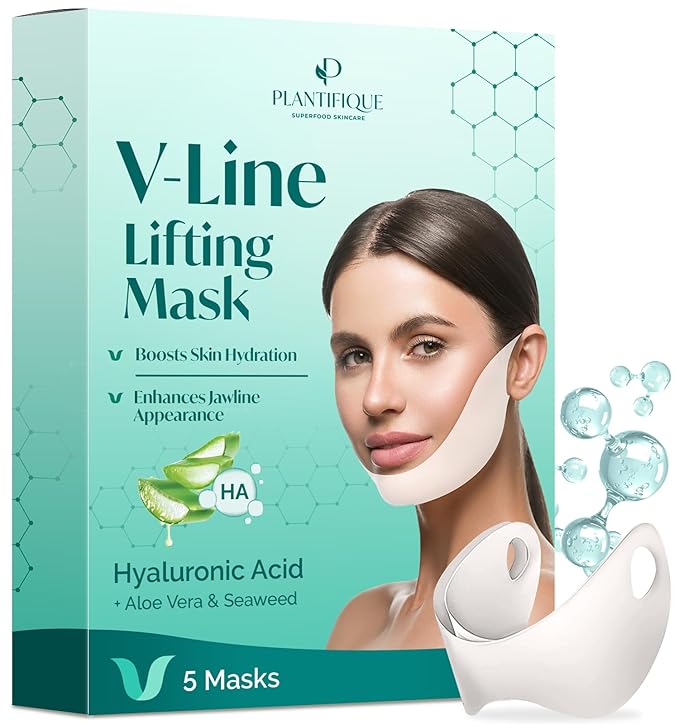 PLANTIFIQUE V-Line Collagen Mask for face 5 PCS | Chin Strap for Women & Men | V Line Lifting Mask with Collagen and Hyaluronic Acid V Shape Face Tape Chin | Skin Firming