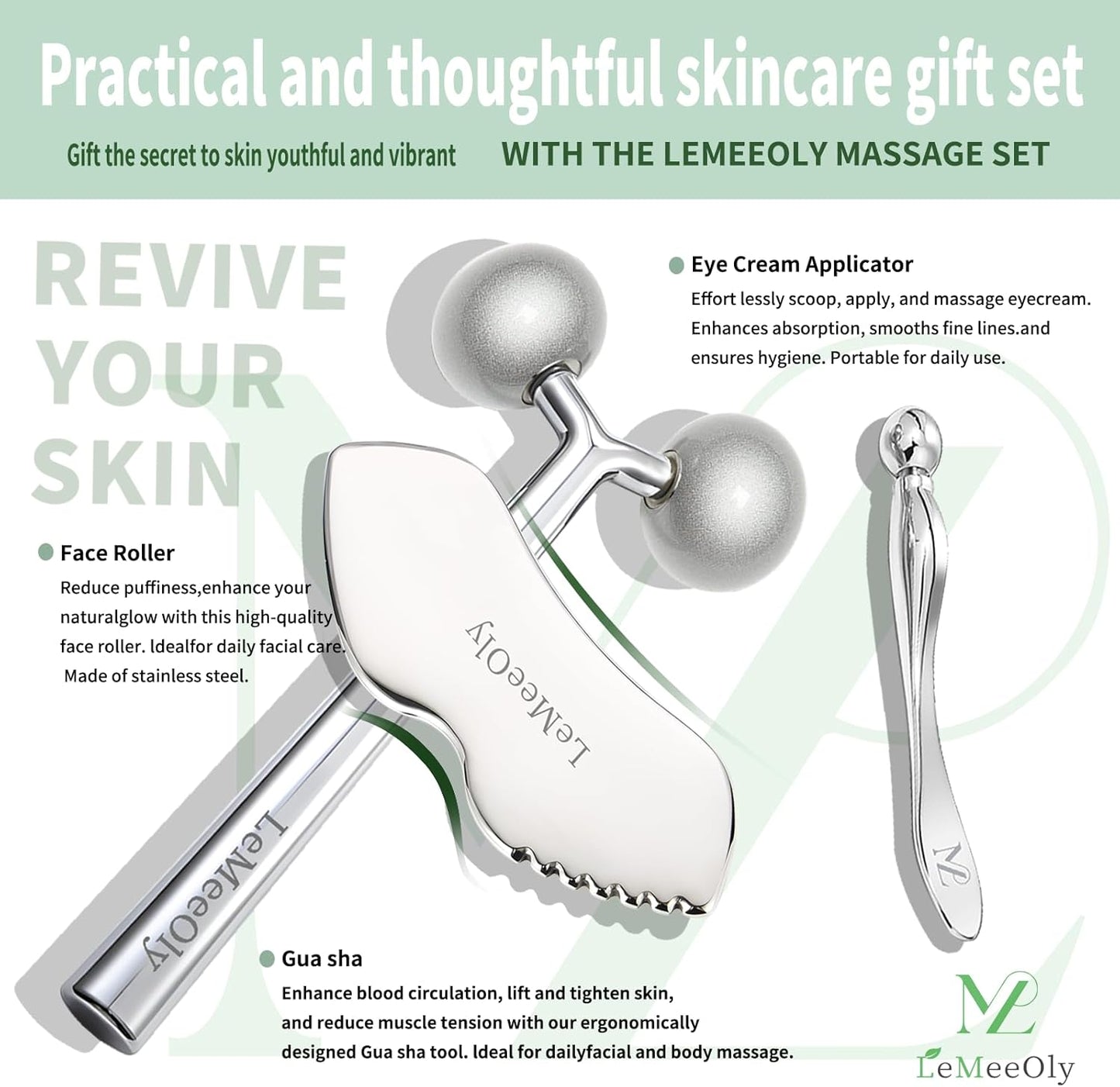 Face Roller Massager Skin & Gua Sha Facial Tools Stainless Steel, Facial Massage Skin Care for Face Neck Body, Reduce Puffiness Remove Wrinkles, Valentines Gift for Women