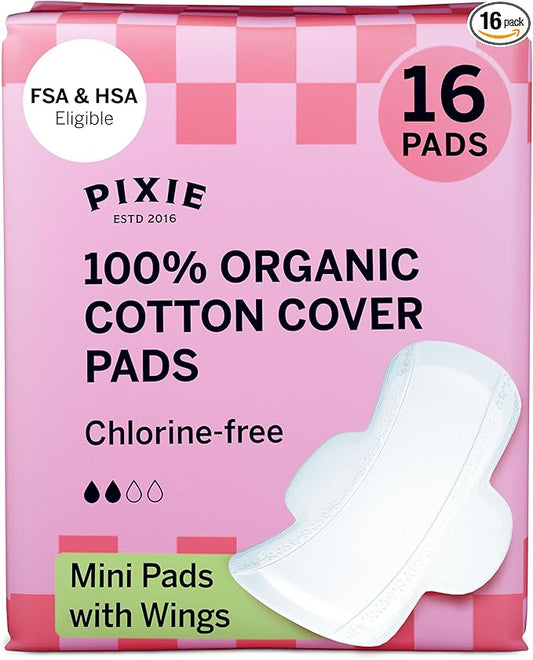 Pixie Organic Cotton Mini Pads with Wings for Women & Teens - Ultra Thin, Light Absorbency Menstrual Pads - Hypoallergenic, Unscented & Biodegradable for Feminine Care - FSA Eligible - 16 Count