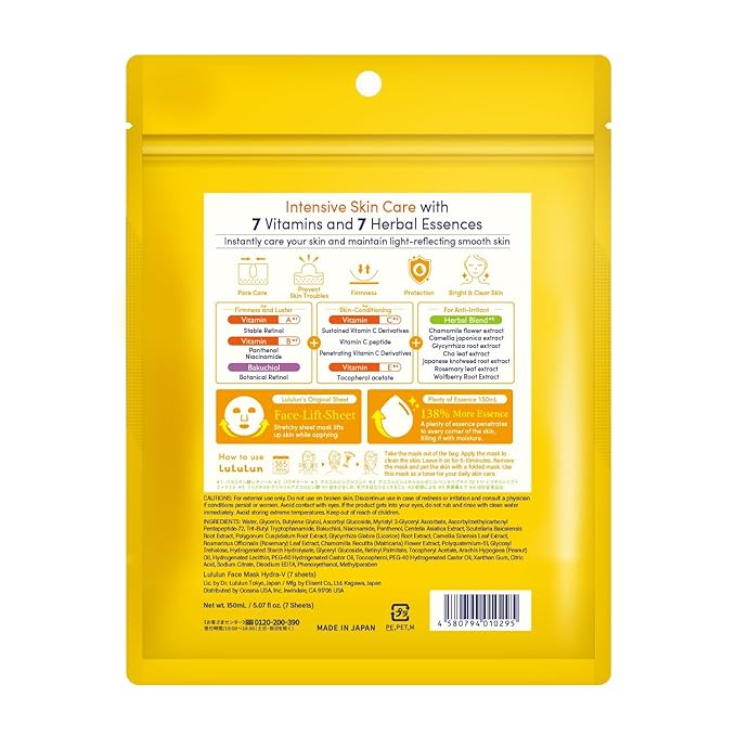 Lululun 7 Sheet Vitamin C Face Masks Skincare for Women & Men, Daily Face Mask Sheet for Pore Firming & Dull Skin, Facial Mask Sheet with 7 Herbs, Japanese Face Masks with 7+1 Vitamns Complex, HYDRA V