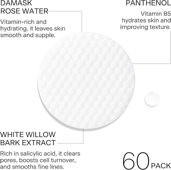 Rose Infused Face Toning Pads (60 Pack) | Daily Exfoliating Toner Cotton Rounds with Rose Water | Korean Skin Care