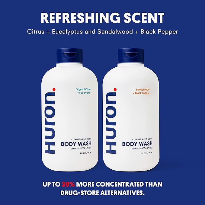 Huron Men's Moisturizing Body Wash - Crisp Citrus, Eucalyptus, Mint & Aromatic Greens Scent, 12.2 fl oz (2 Pack)