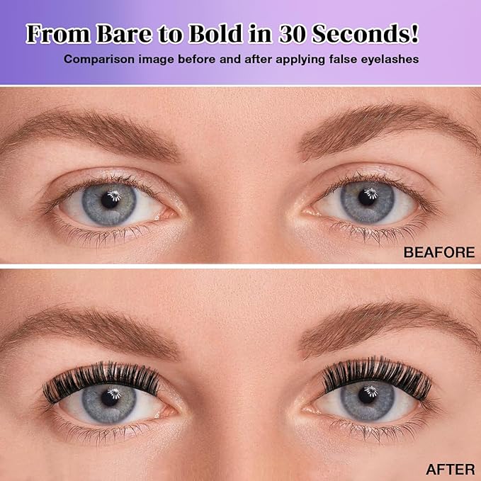 Fluffy False Eyelashes Kit With Bond, Seal and Tweezer, 7 Pairs Natural Look Fake Cat Eye Lashes Strips Thin Band Extensions Waterproof Easy Eyelashes for Beginners DF100