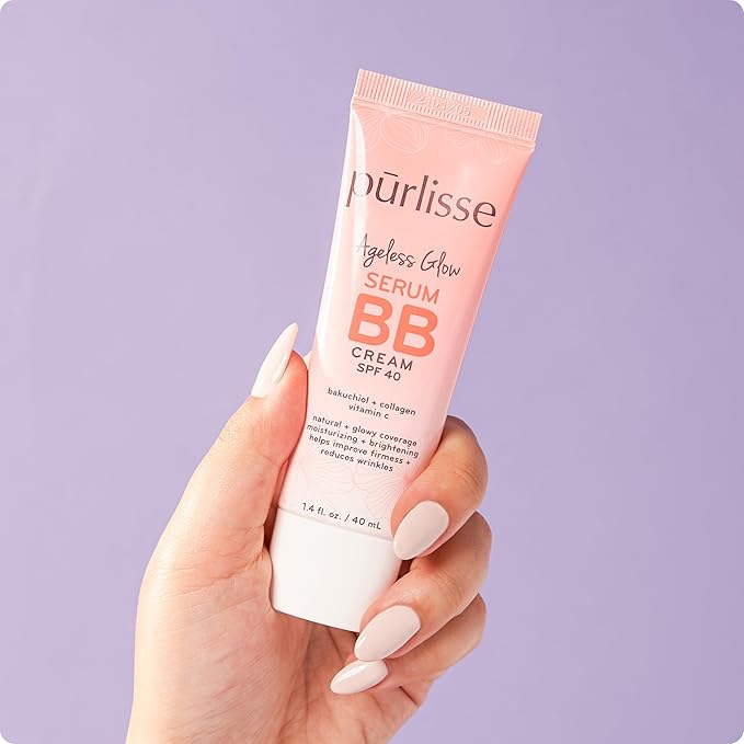 pūrlisse Ageless Glow Serum BB Cream SPF 40 - Glow BB Cream with SPF Enriched with Bakuchiol & Vitamin C to Help Improve Firmness & Reduce Wrinkles for Dewy Skin - Light Warm (1.4 oz)