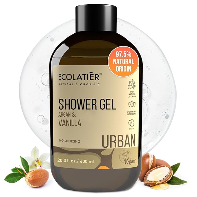 ECOLATIÈR Vanilla Body Wash with Organic Argan Oil - Moisturizing Natural Body Wash for Women & Men, 97.5% Natural Ingredients, Vegan, Hydrating & Antioxidant Care for Soft, Smooth Skin, 20.3 Fl Oz