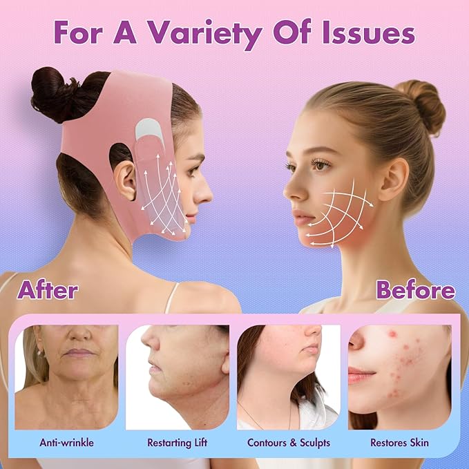 Face Slimming Strap, Double Chin Reducer Band, Graphene V-Line Mask Chin Up Mask V Shaped Face Mask Chin strap for sleeping, V-Line Lifting Mask for Women, Pink, Medium