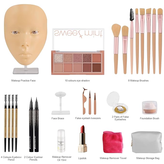 3D Makeup Practice Kit,Reusable Silicone Makeup Practice Face Board/Makeup Mannequin Face,with Makeup Brushes Set&Eyebrow Pencils&Eyelashes&a Makeup Bag&makeup remover towel&Eyeshadow&Lipstick