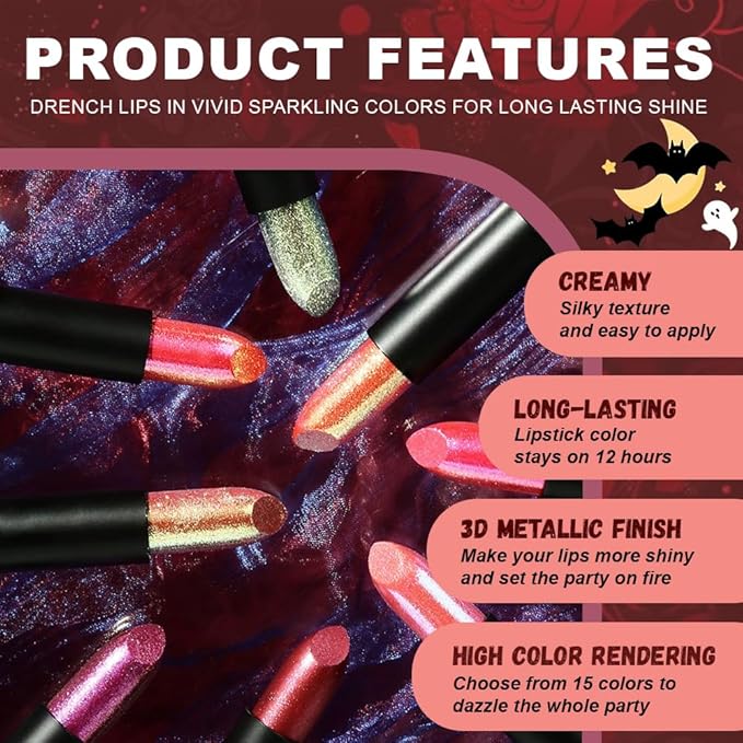Kaely Glitter Metallic Lipstick, Shimmer Metallic Lipsticks for Women, High Pigmented Lip Color Long Lasting Waterproof Smudge Proof 24 Hour, Halloween Makeup, Vegan & Cruelty-Free, 11