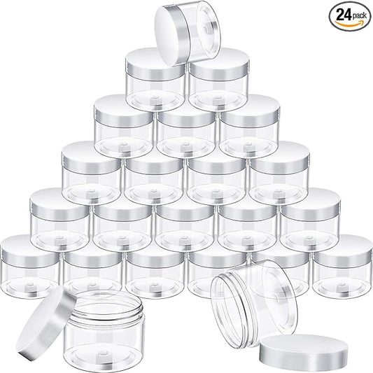 SATINIOR 24 Pieces Empty Clear Plastic Jars with Lids Round Storage Containers Wide Mouth for Beauty Product Cosmetic Cream Lotion Liquid Butter Craft and Food(Clear Lid,10 oz)