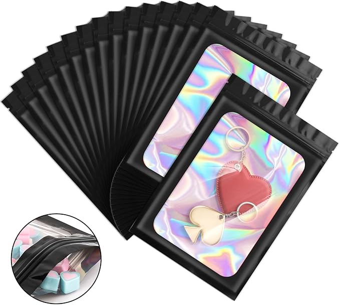 100 Pieces Smell Proof Mylar Bags, Holographic Packaging Bags, Resealable Odor Foil Pouch Zipper Bag with Clear Window for Food Storage and Lipgloss, Jewelry Lash (Black, 4 x 6 Inch)