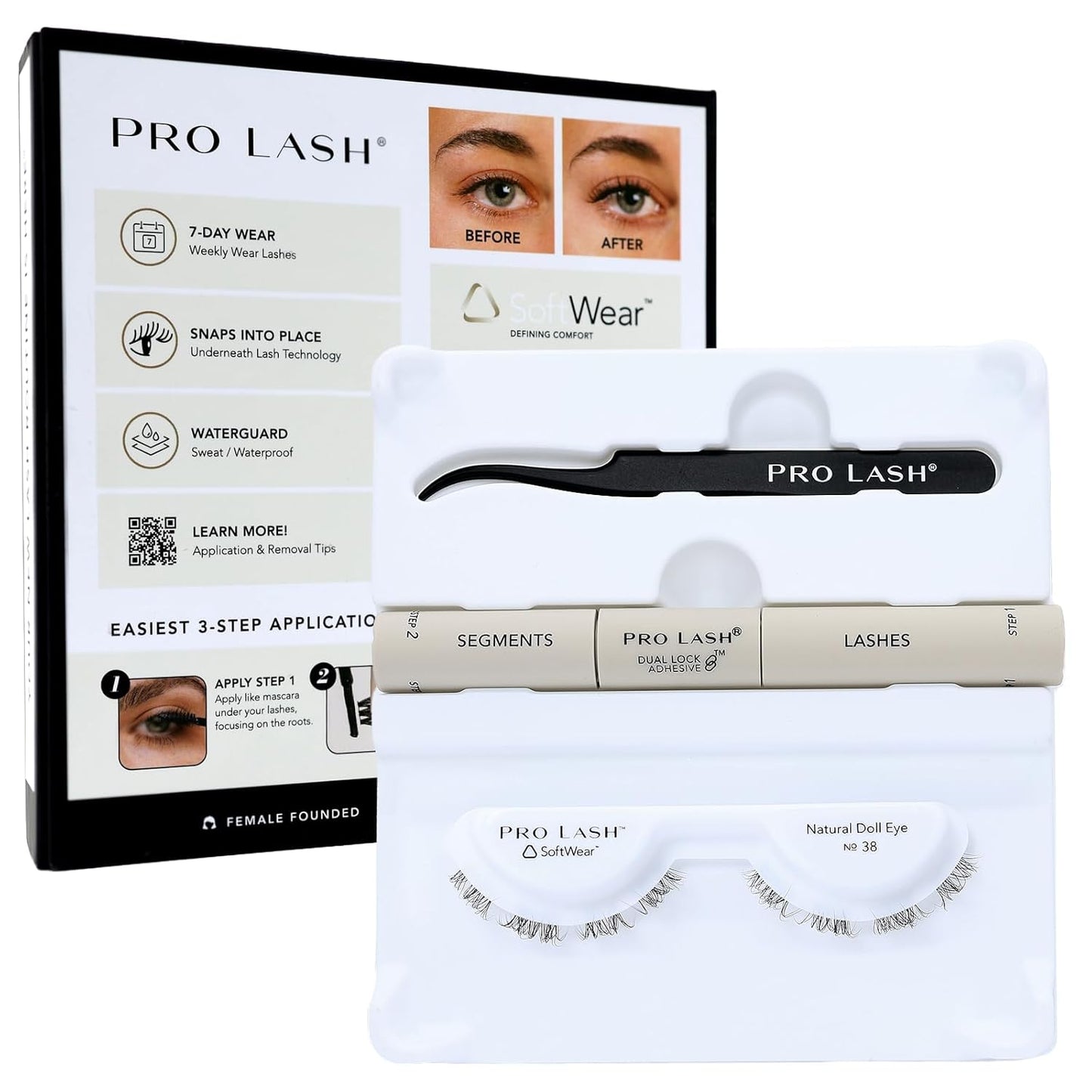Pro Lash SoftWear Clean Girl Mini Lash Clusters Kit - Natural-Looking, Lightweight Lashes - 7-Day Cluster Eyelash Extensions - False Eyelashes Plus Adhesive and Tweezers - Doll Eye No. 38