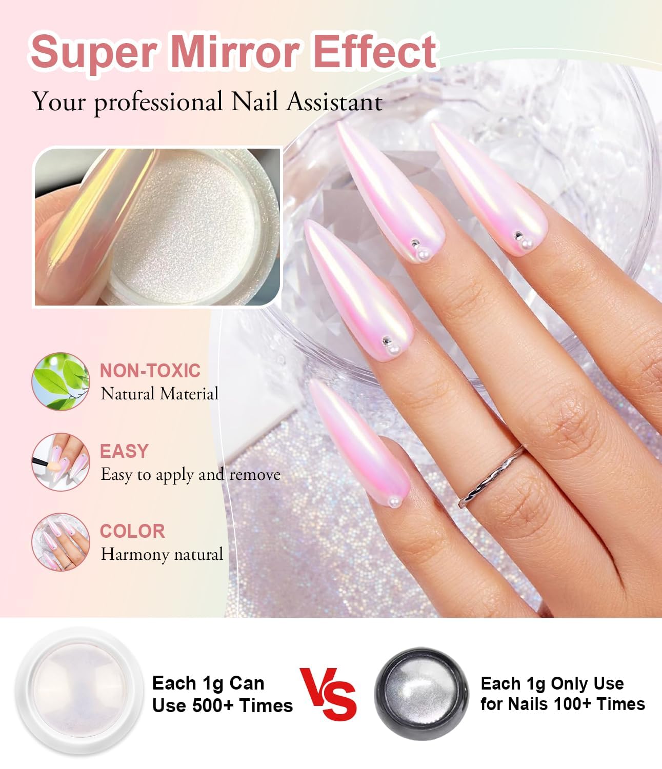 White Pearl Chrome Nail Powder BISHENGYF: Iridescent Aurora Mermaid Powder Metallic Mirror Effect Pigment Holographic Mirror Effect Chrome Powder for Nails