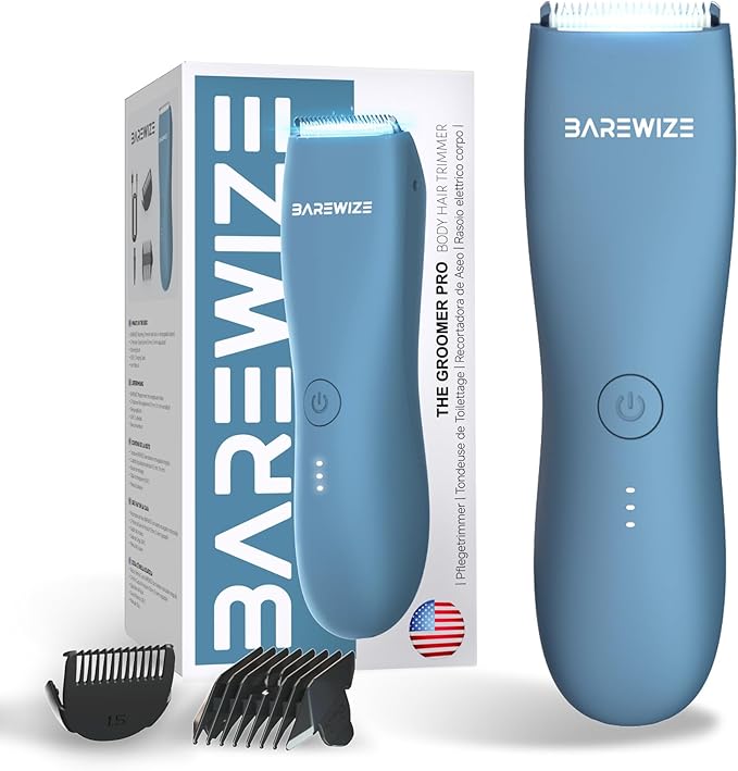 Body Hair & Pubic Hair Trimmer for Men & Women, Painless Electric Body & Bikini Shaver | Waterproof, Type-C Rechargeable, LED Light, Replaceable Blade, Manscape Personal Groomer (Denim Blue)