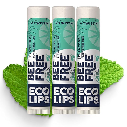 Vegan Lip Balm Sweet Mint by Eco Lips flavor 3 Pack Natural Bee Free with Candelilla Wax, Organic Cocoa Butter, & Coconut Oil Lip Care. 100% Plastic-Free Plant Pod Packaging - Made in USA
