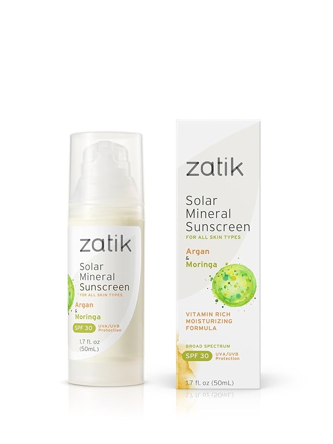 Zatik Naturals - Solar Mineral Sunscreen with Argan and Moringa, Vitamin and Mineral-Based Solar Protection, Vegan, Non-GMO, pH Balanced, FREE from Gluten, Soy, Alcohol. 1.7 fl oz, 50 ml