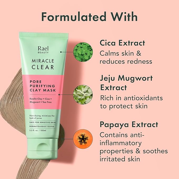Rael Blackhead Remover, Miracle Clear Clay Mask, Exfoliating Face Wash, Pore Minimizer, Gentle and Hydrating, with Tea Tree, Vegan, Korean Skin Care (3.3 fl oz)