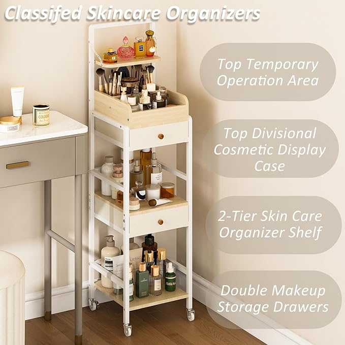 Wisdom Star Makeup Organizer Cart with 2 Drawers, Floor Skincare Organizers, Makeup Storage, Vanity Organizer, Cosmetics Display, Versatile Skin care Perfume Nail Polish Storage Rack for Bathroom