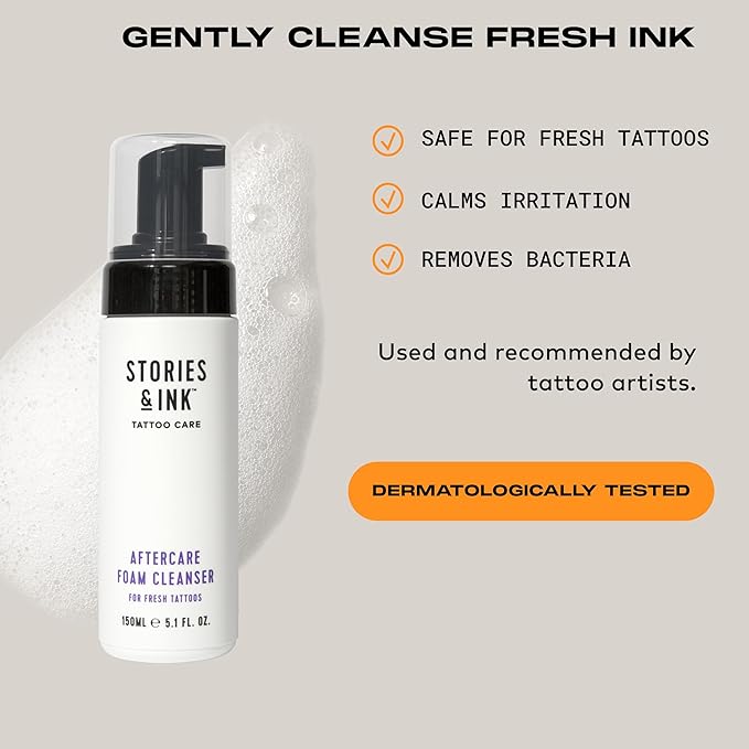 Stories & Ink Tattoo Care | AFTERCARE FOAM CLEANSER for fresh tattoos - For Fresh Tattoos, Soothes Skin, Ultra Gentle Soap, Sulfate Free, Fragrance-free, Vegan & Cruelty-free, 150 mL / 5.1 Fl Oz