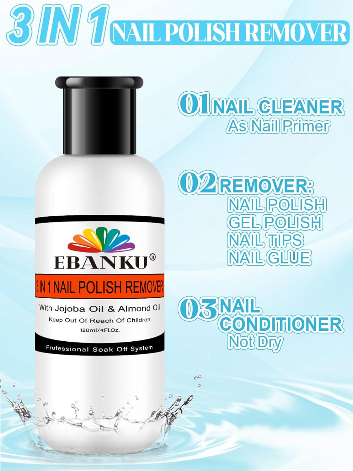 EBANKU Nail Polish Remover Kit, 120ML Professional Soak off Gel Remover with 50pcs Nail Foil and Tools for Nail Moisturizing & Care, Acrylic Dip Powder Nails Remover