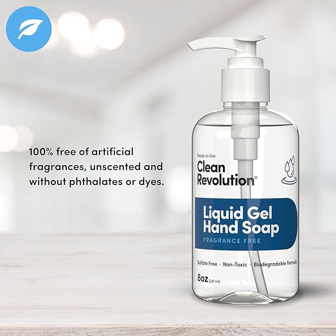 Clean Revolution Liquid Gel Hand Soap, Silky Rich Liquid, Quick Lather, Fast Rinsing (Fragrance Free) 8 Fl Oz
