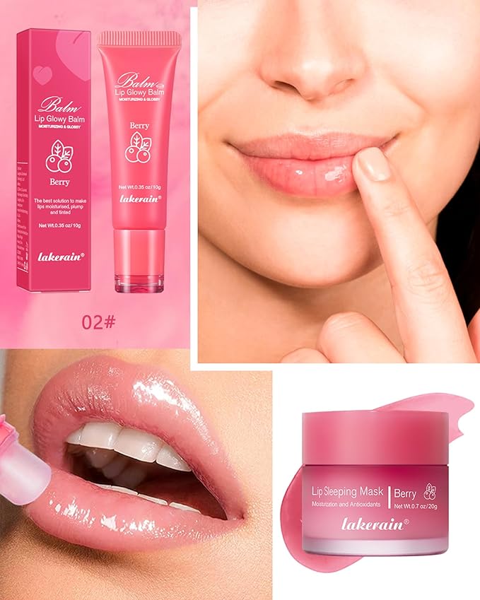 2Pcs Lip Glowy Balm & Lip Sleeping Mask Set,Hydrating Nourishing Repair Sleeping Lip Mask,Glossy Tinted Lip Balm,Day & Night Smooth Cracked Chapped Dry Lip,Lip Care Therapy Treatment for Women-02Berry